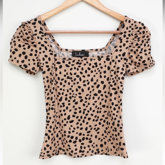 Lulus Oh Darling Black And Tan Dot Print Puff Sleeve‎ Top Beige - Size M - Picture 4 of 6